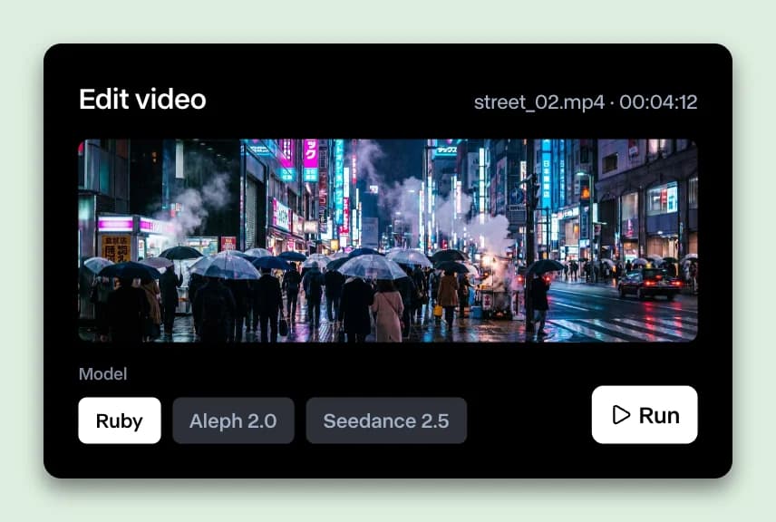 The Runway panel on its Edit video tab, on a mint card: a rainy neon street scene loaded, with Ruby, Aleph 2.0 and Seedance 2.5 model chips and a Run button