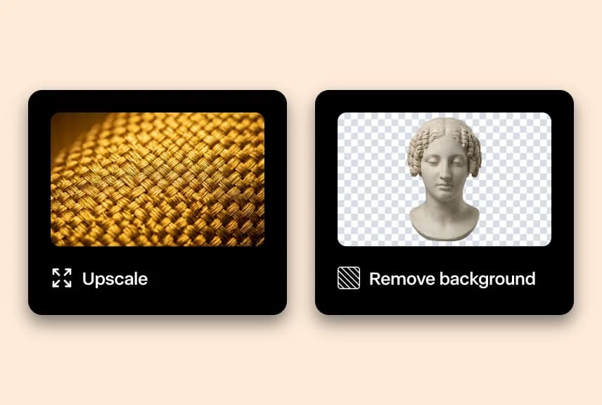 Two result cards from the Runway panel, on a peach card: an upscaled close-up of woven gold fabric, and a marble bust with its background removed