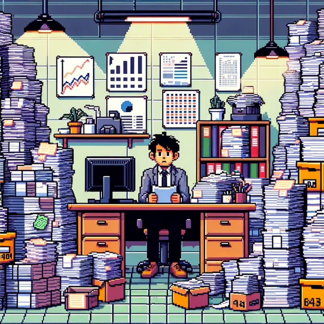 Illustration of an unhappy person sitting at an office desk with piles of papers. As the user scrolls, the illustration changes to a happy person sitting at a clean desk.